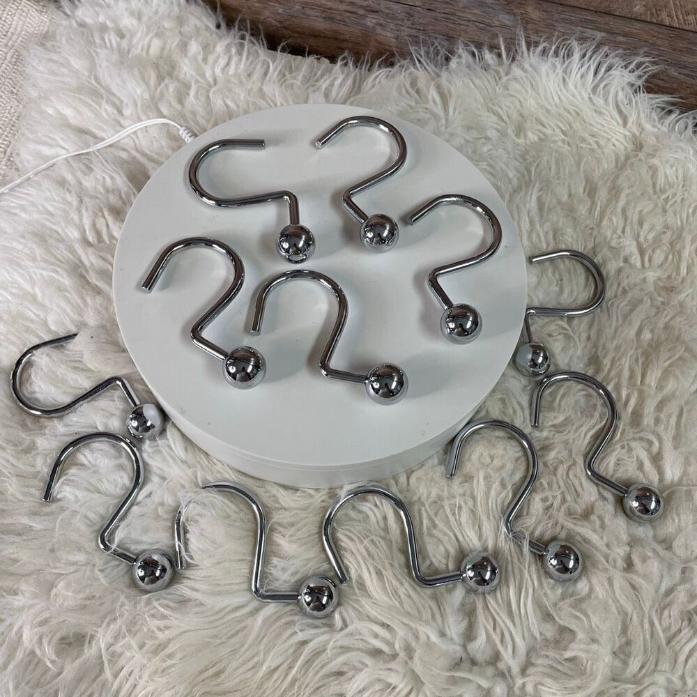 Chrome Shower Curtain Hooks (12) Modern S Shaped Metal Glide Hook Ball End